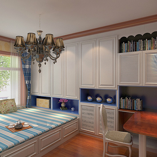 史丹利家居格拉斯白橡胡桃木色榻榻米衣柜书柜组合装修效果图